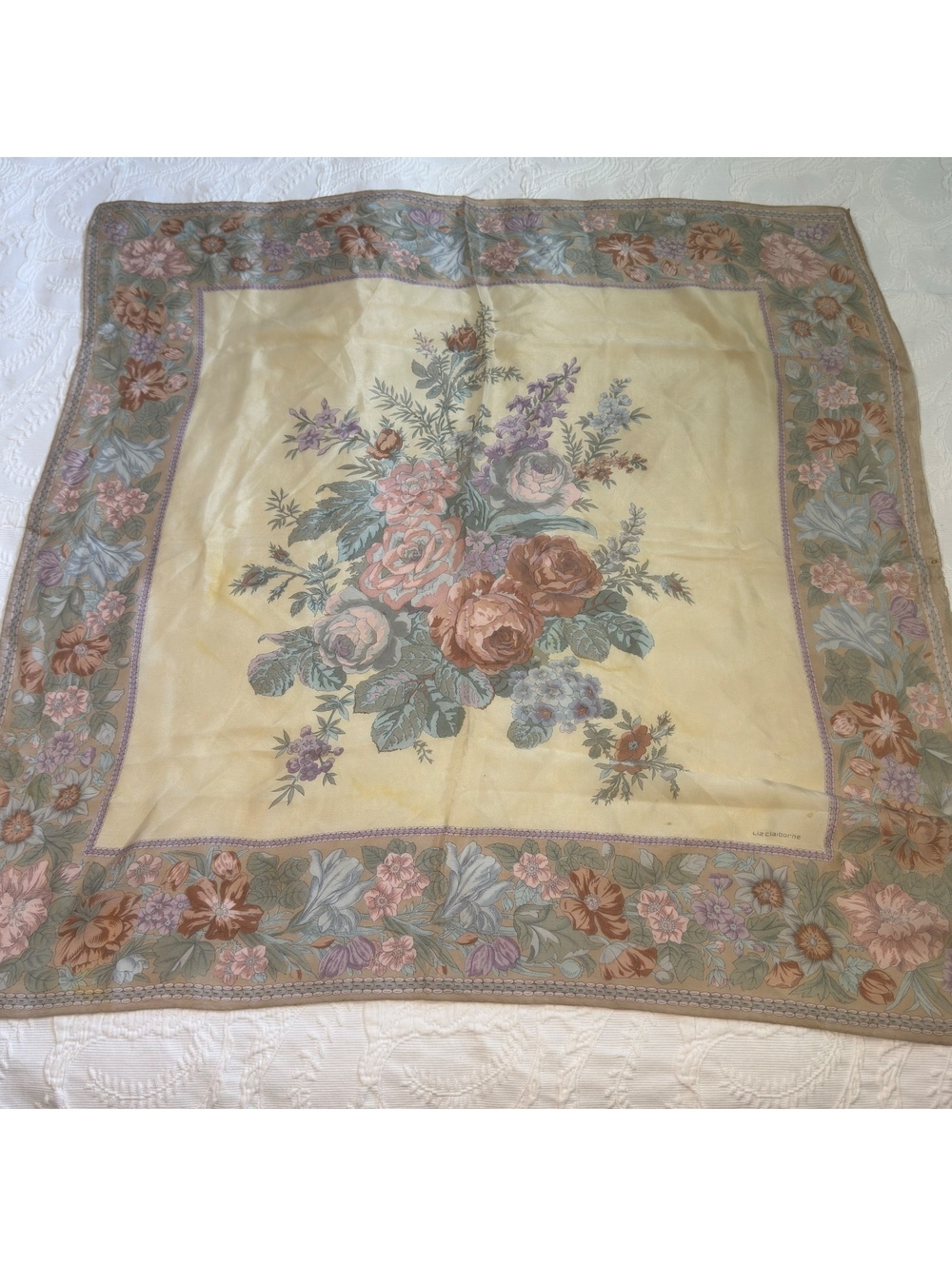 Vintage Liz Claiborne Floral Silky Scarf 30x30 Cottagecore Botanical Square - Picture 3 of 5
